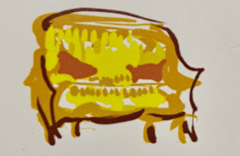 An abstract illustration of a couch in yellow and brown tones.